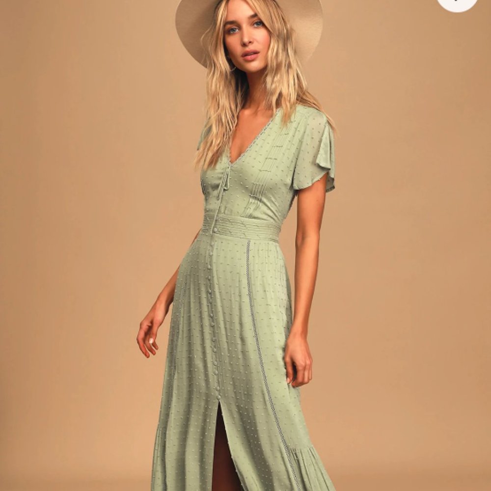 Completely In Love Sage Green Swiss Dot Button-Front Maxi Dress